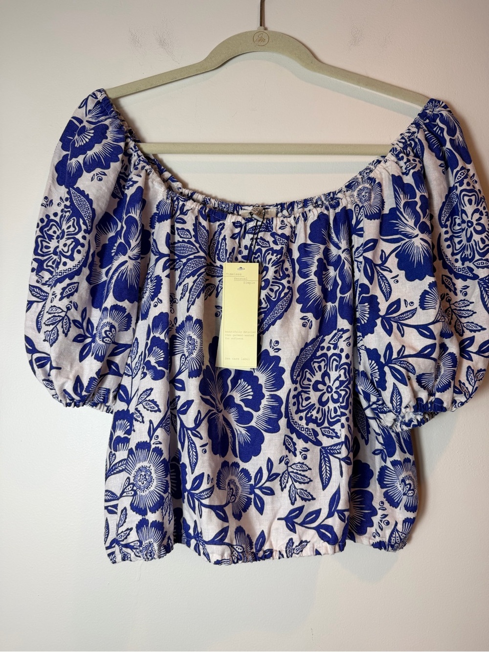 Rachel Zoe Blue White Tropical Floral Puff Sleeve Crop Top Size Large NWT